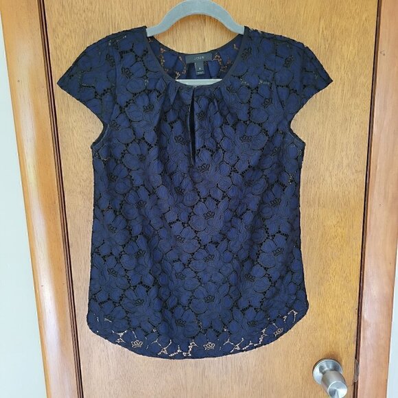 J.Crew Navy & Black Crochet Lace Blouse – Size 0 | Elegant Holiday Layering Top - Picture 3 of 5